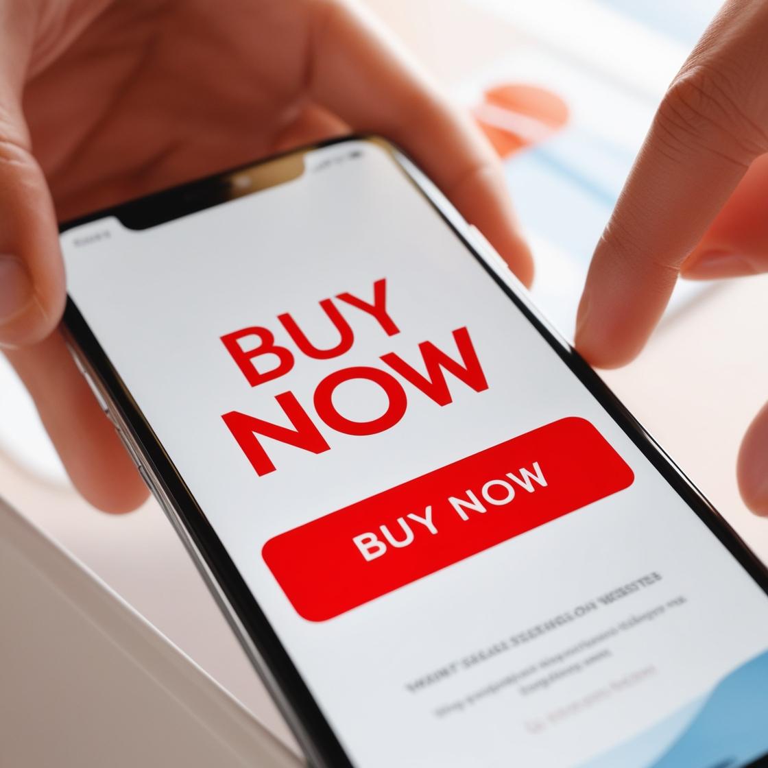  Primo piano di un dito che clicca su un pulsante rosso "BUY NOW" su uno smartphone.