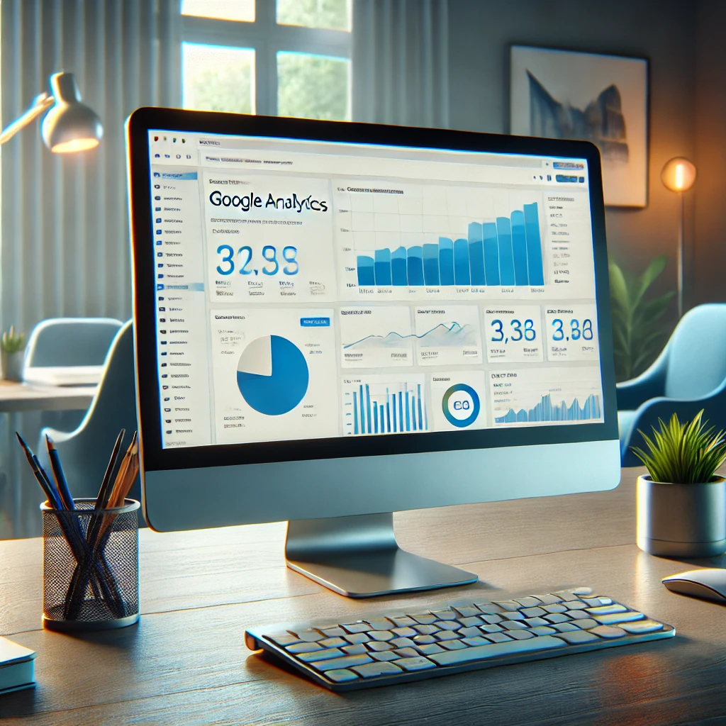 Schermata di Google Analytics su un monitor desktop con grafici e statistiche di marketing.