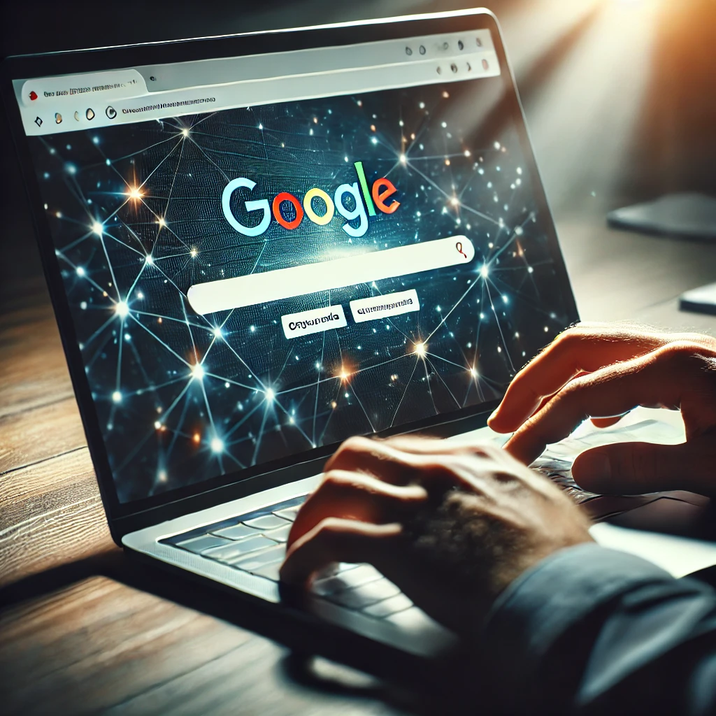 Mani su una tastiera di laptop con la homepage di Google aperta, circondata da una rete di connessioni digitali.