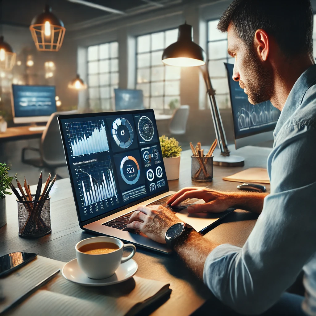 Professionista del marketing digitale al laptop, analizzando dati e KPI in un ufficio moderno.